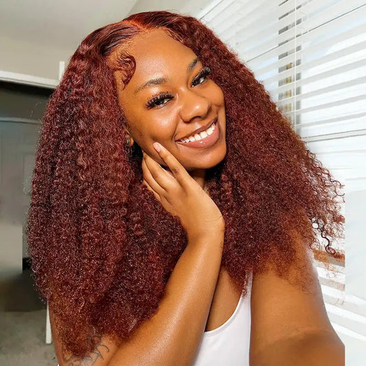Reddish Brown Kinky Curly HD Transparent Lace Wigs