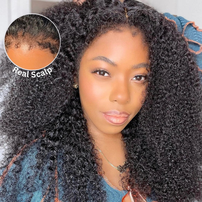 Kinky Curly 4C Edges Invisi Strap Laid Flat 360 Transparent Lace Wig Pre Bleached Knots with Curly Baby Hair All Around