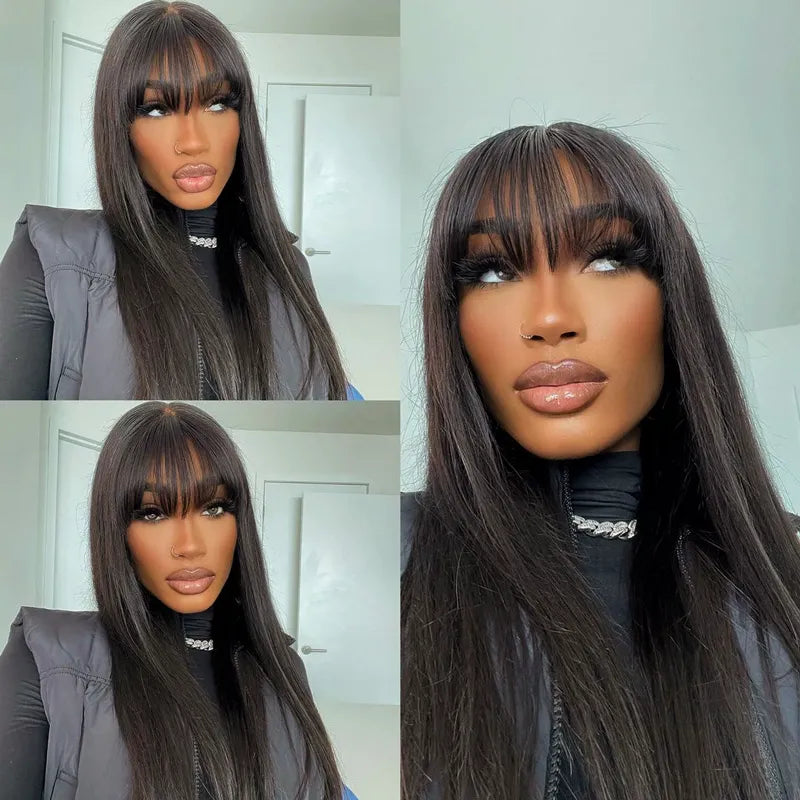 Layered Cut with Bangs 4x4 Transparent Lace Closure Wig Straight Human Hair 180% Density