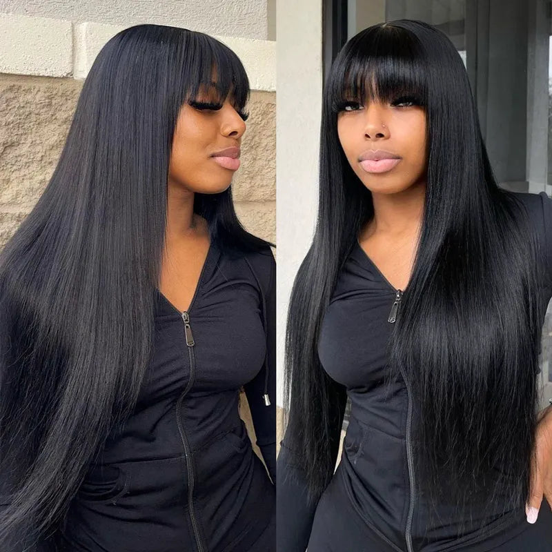 Layered Cut with Bangs 4x4 Transparent Lace Closure Wig Straight Human Hair 180% Density