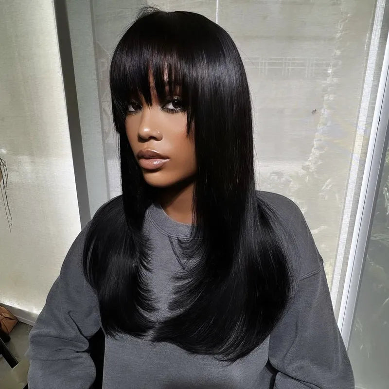 Layered Cut with Bangs 4x4 Transparent Lace Closure Wig Straight Human Hair 180% Density