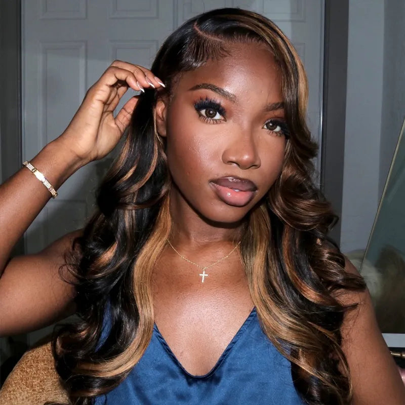 Brown Highlight Skin Lace Wigs Ashimary Body Wave Virgin Hair