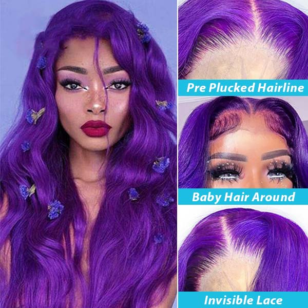 Vibrant Darker Purple Color 5*5 13*4 Transparent Lace Frontal Wigs Body Wave Human Hair