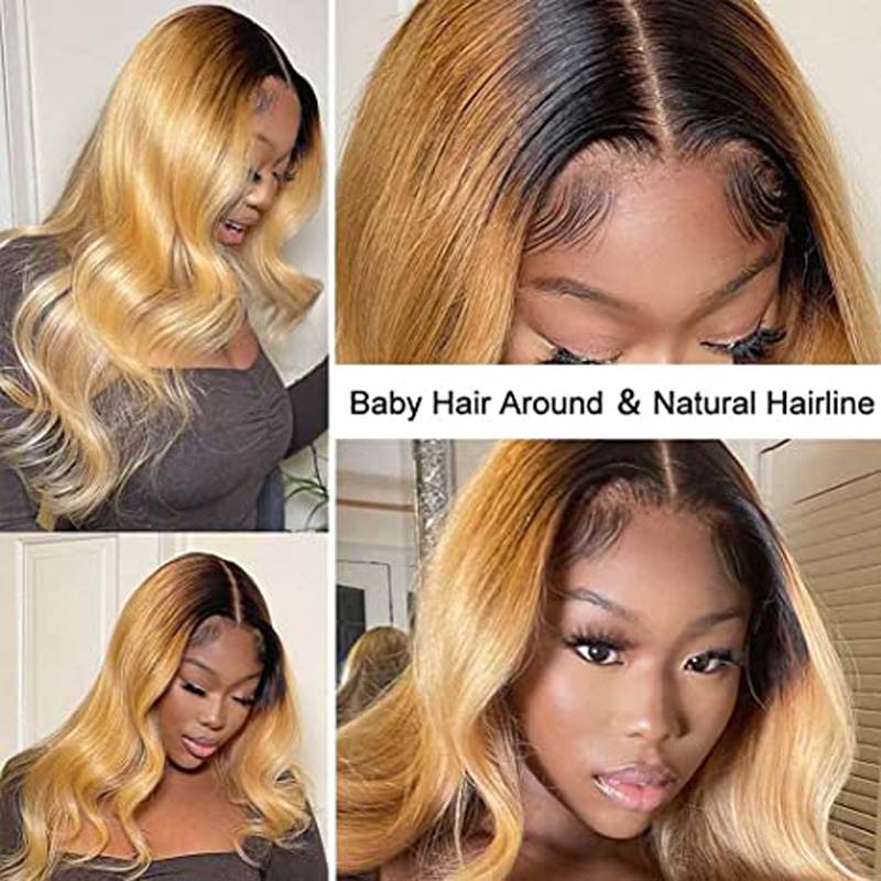 T1b/27 Ombre Honey Blonde Color Body Wave 13*4 13*6 Lace Front Pre-plucked Human Hair Wigs