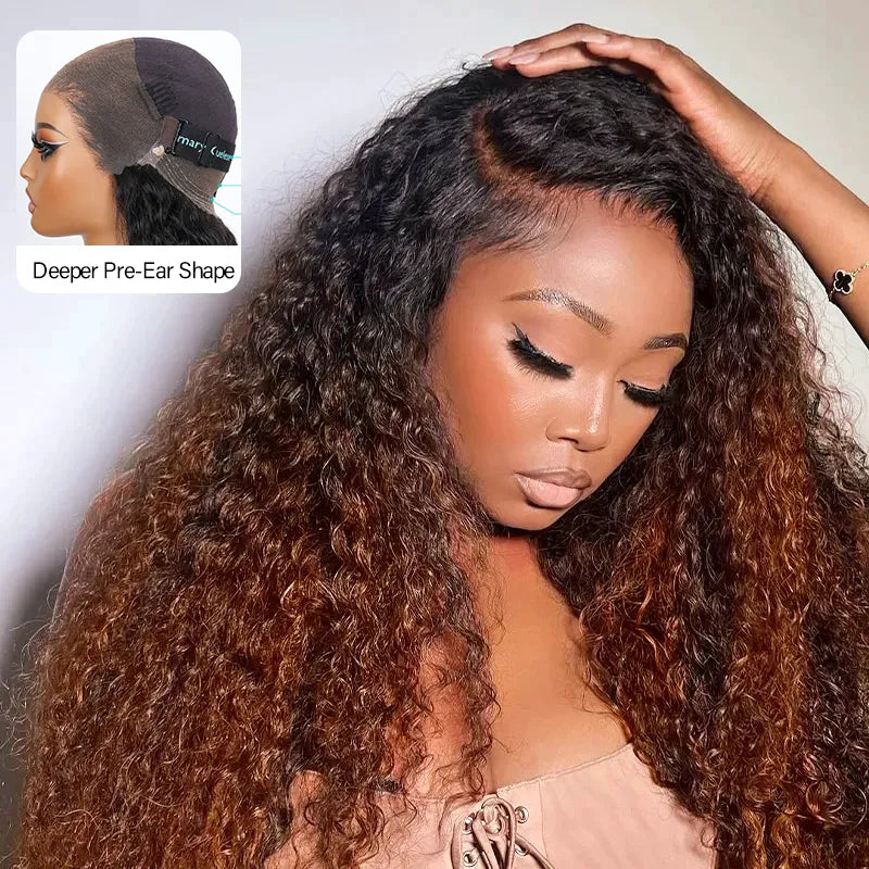Glueless 360 Invisi Strap Upgrade Cap Lace Frontal Wig Brown Ombre With Black Roots Water Wave With Pre-Bleached Seamless Knots