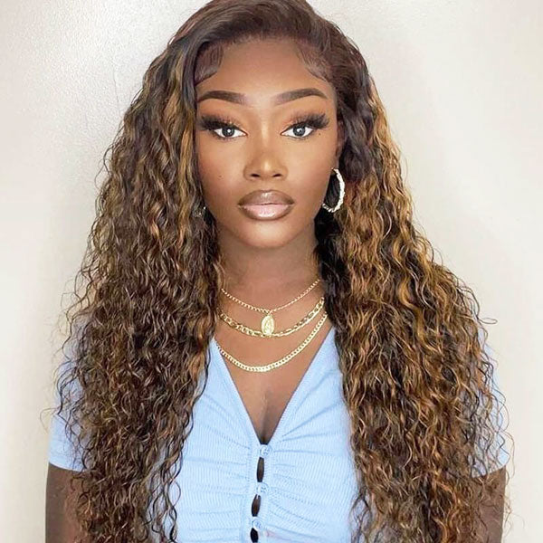 Ready to Wear Quick&Easy Wear Go Highlight Deep Wave 13x4 Lace Front Wig With Pre Bleach Knots & Plucked Hairline & Pre-cut lace