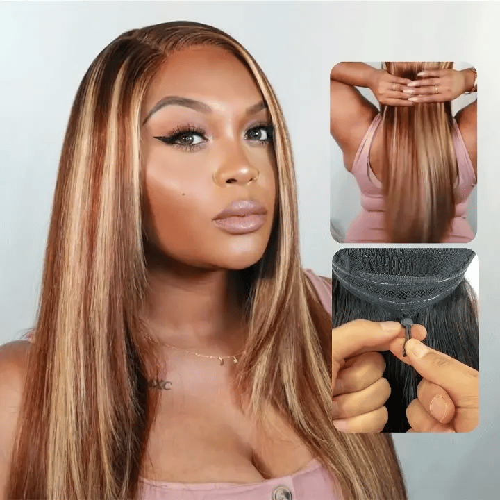 Pull Go 10x6 Lace Wig Honey Blonde Highlights on Brown Hair Straight Glueless Human Hair Wig