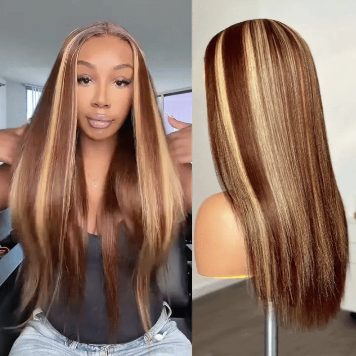 Honey Blonde Highlight Silky Straight Pull Go 13x6 Full Lace Wig Glueless Wig Suits All Heads