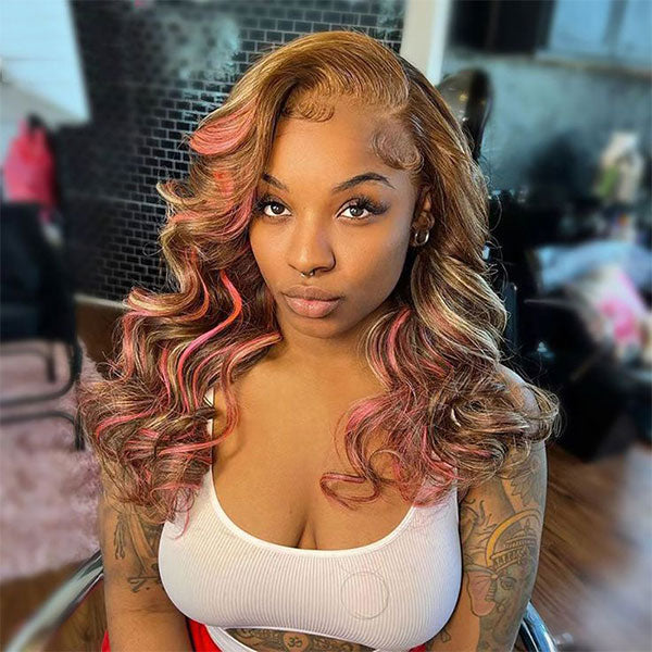 Ashimary Pink Highlights In Brown Hair 13x4 HD Transparent Lace Wig