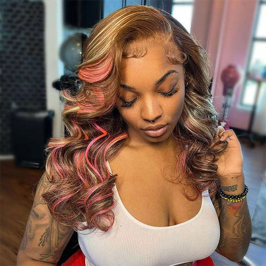 Ashimary Pink Highlights In Brown Hair 13x4 HD Transparent Lace Wig