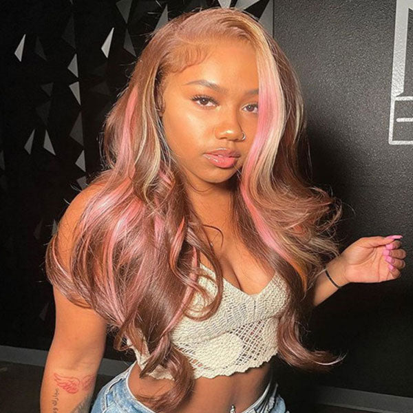 Ashimary Pink Highlights In Brown Hair 13x4 HD Transparent Lace Wig