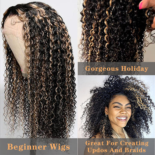 Pre Plucked Balayage Black & Blonde Highlights 13x4 HD Transparent Lace Frontal Wigs
