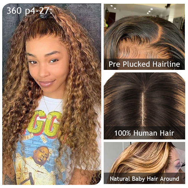 Pre Plucked P4/27 Highlight Glueless 360 HD Transparent Lace Frontal Wigs 100% Human Hair