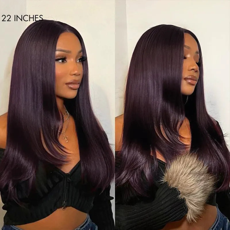 Salon Layered Cut Dark Plum Straight Wig Pull Go 13x4 Lace Tiny Knots Glueless Wig Siuts All Heads