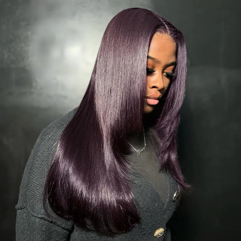 Salon Layered Cut Dark Plum Straight Wig Pull Go 13x4 Lace Tiny Knots Glueless Wig Siuts All Heads