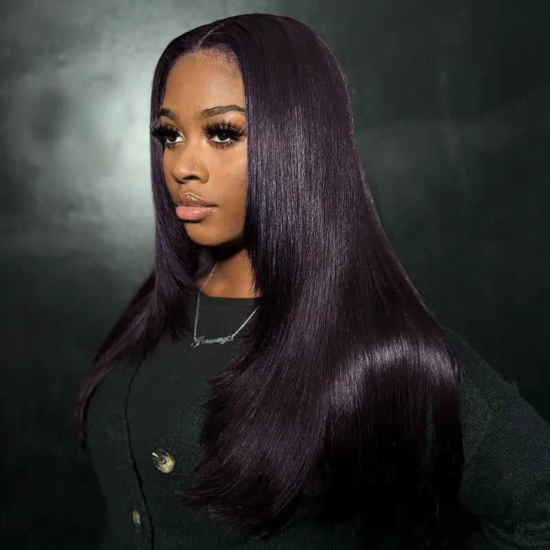 Salon Layered Cut Dark Plum Straight Wig Pull Go 13x4 Lace Tiny Knots Glueless Wig Siuts All Heads