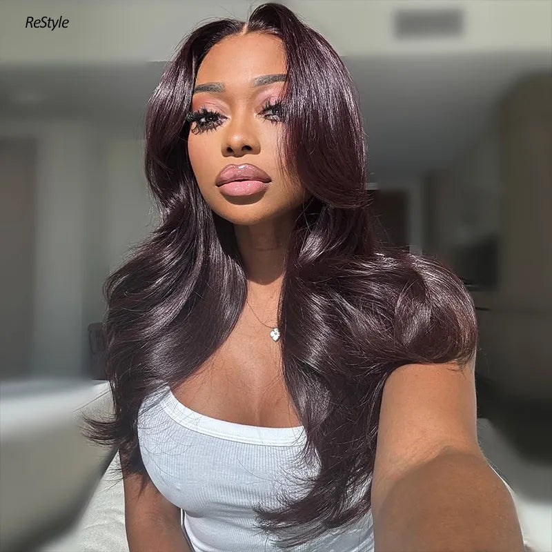 Salon Layered Cut Dark Plum Straight Wig Pull Go 13x4 Lace Tiny Knots Glueless Wig Siuts All Heads