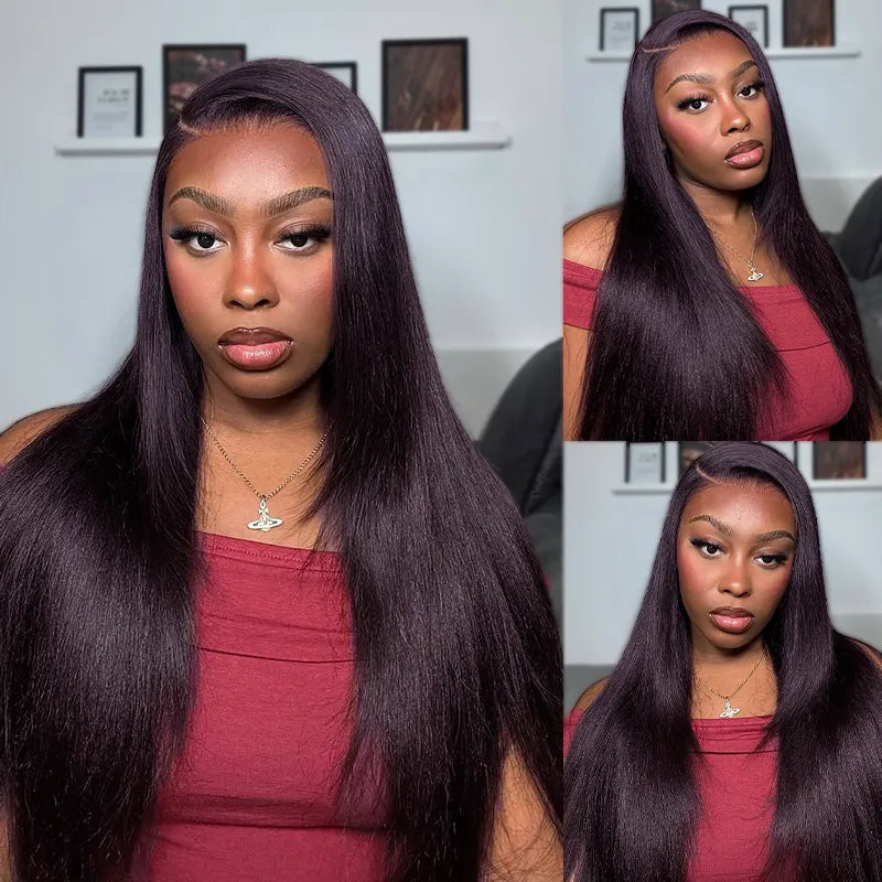 Salon Layered Cut Dark Plum Straight Wig Pull Go 13x4 Lace Tiny Knots Glueless Wig Siuts All Heads