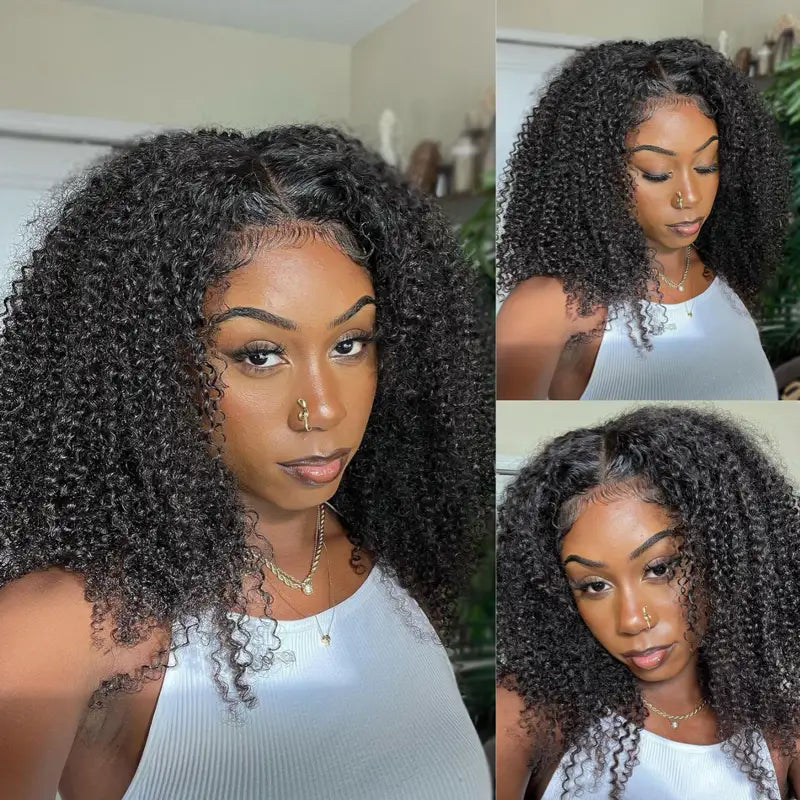 Precut Glueless Wear & Go Kinky Curly Invisible HD Lace Closure Bob Ready To Wear Wig with Pre Plucked Hairline & Bleached Knots
