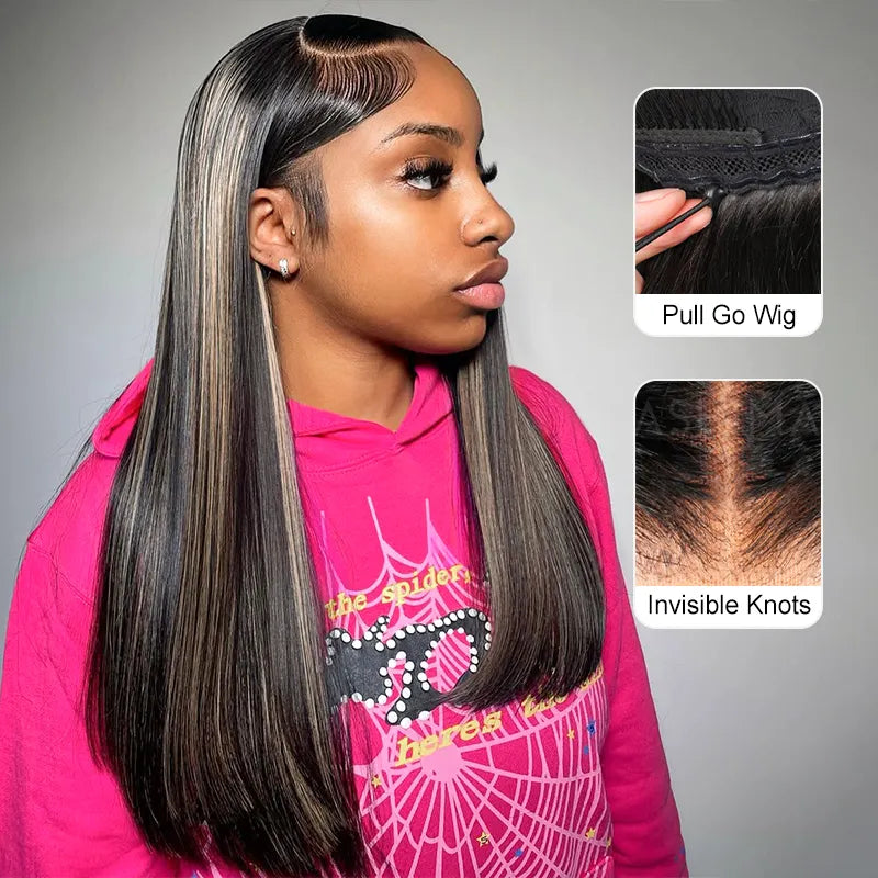 Pull Go 13x4 Lace Wig Blonde Highlights with Black Roots Yaki Straight Hair Pre-Cut Layered Optional Silk Press Golden Twilight Lace Wig