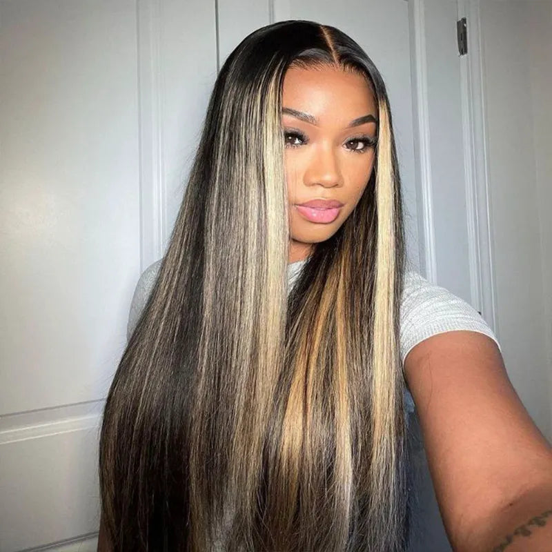 Pull Go 13x4 Lace Wig Blonde Highlights with Black Roots Yaki Straight Hair Pre-Cut Layered Optional Silk Press Golden Twilight Lace Wig