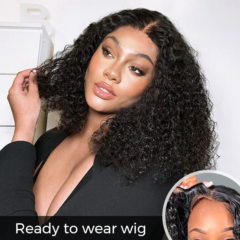 Ready-to-wear Glueless Short Deep Wave HD Transparent Lace Wig With Pre-cut Lace & Pre Plucked Hairline & Bleached Knots