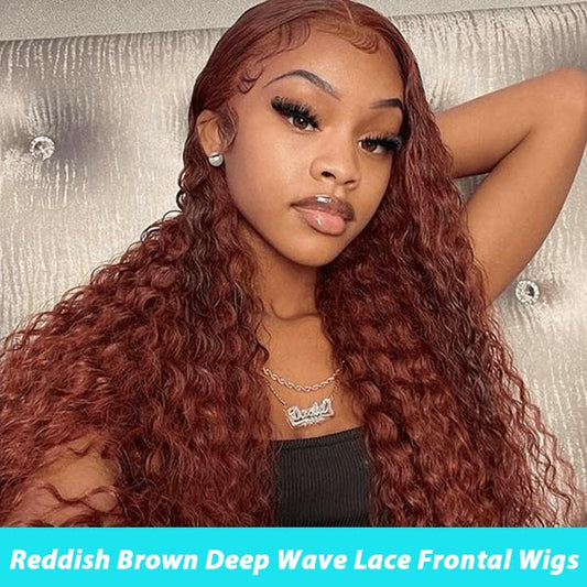 Reddish Brown 13x4 13x6 HD Transparent Lace Frontal Wigs Deep Wave 100% Human Hair