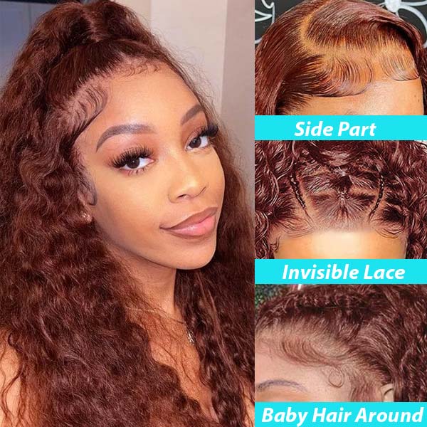 Reddish Brown 13x4 13x6 HD Transparent Lace Frontal Wigs Deep Wave 100% Human Hair