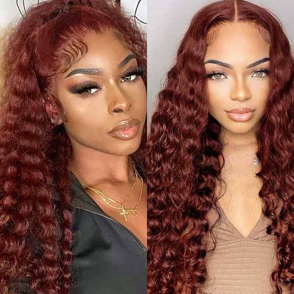 Reddish Brown 13x4 13x6 HD Transparent Lace Frontal Wigs Deep Wave 100% Human Hair