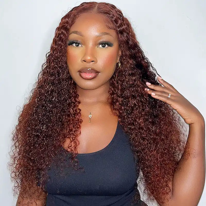 Reddish Brown Jerry Curly HD Transparent Lace Wigs