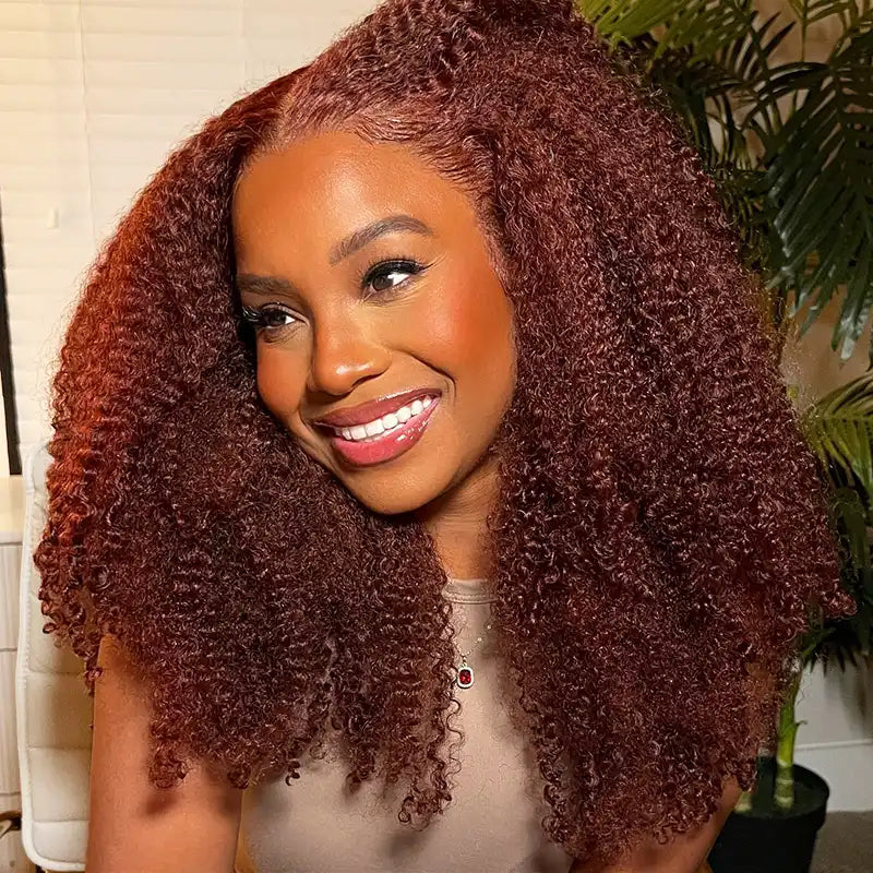 Reddish Brown Kinky Curly HD Transparent Lace Wigs
