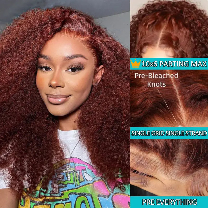 Ashimary Pre-Cut 10x6 Parting Max Melting Lace Reddish Brown Kinky Curly Wear & Go Glueless Human Hair Wig