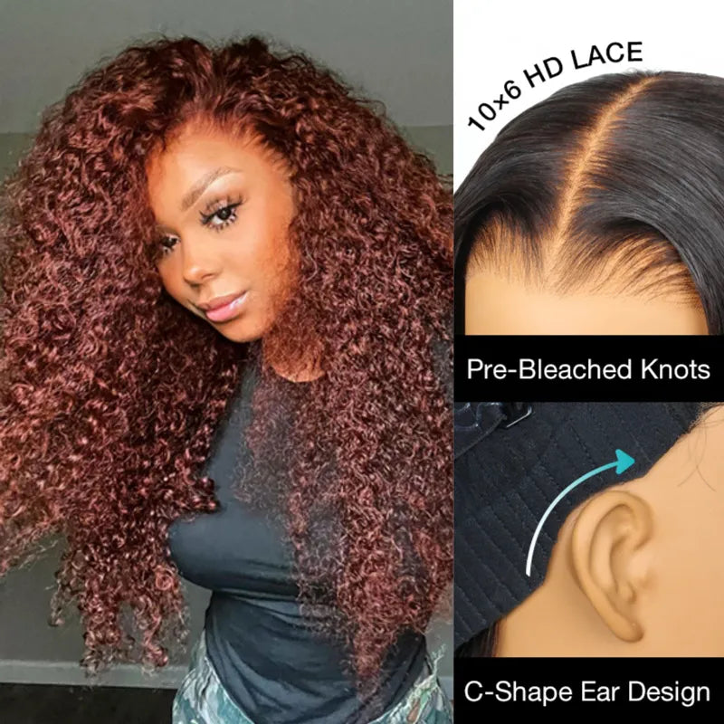 Ashimary Pre-Cut 10x6 Parting Max Melting Lace Reddish Brown Kinky Curly Wear & Go Glueless Human Hair Wig