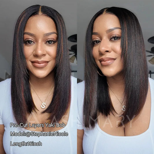 Highlight Yaki Straight Bob 13x4 Lace Frontal  Pre Everthing 6x4.5 / 4x4 Lace Clsoure Human Hair Wig
