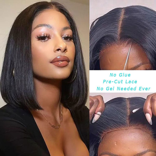 Double Drawn High Density Bone Straight Pull Go 13x4 Lace Bob Wig Lace Frontal Natural Black Glueless Wig