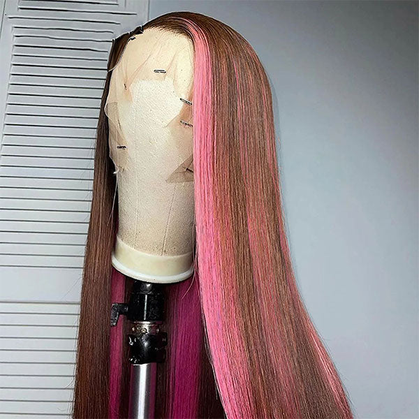 Ashimary Pink Highlights In Brown Hair 13x4 HD Transparent Lace Wig