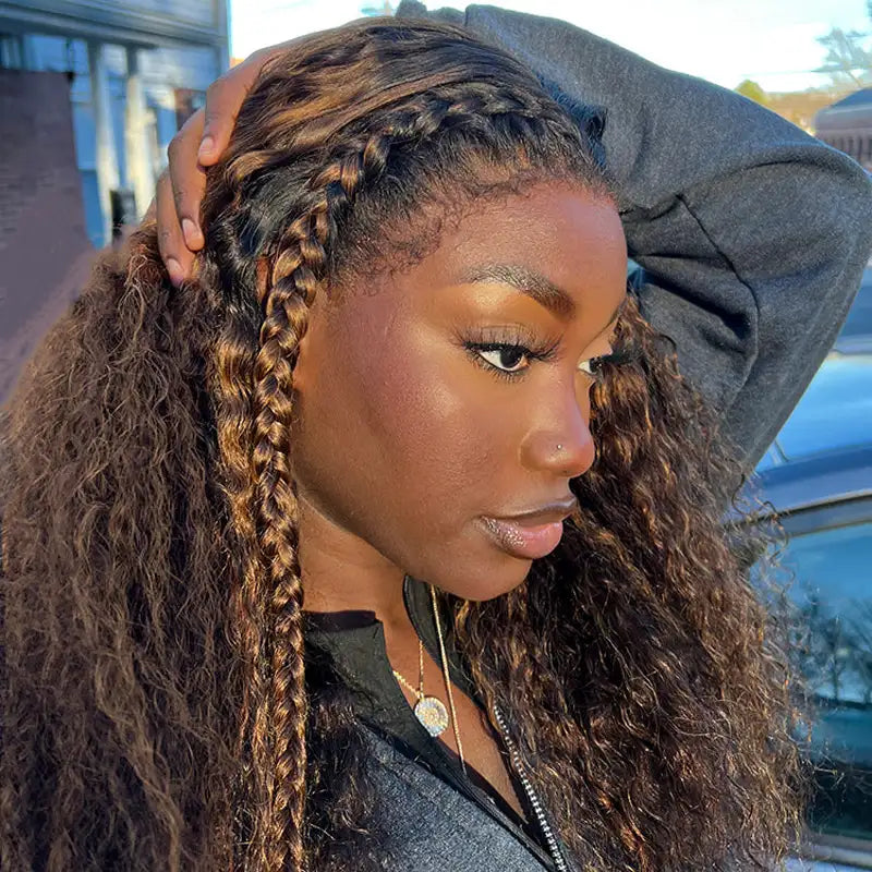 Ashimary 4C Edges Ombre Brown Deep Wave Kinky Edges 13x4 Transparent Lace Front Wig 100% Human Hair