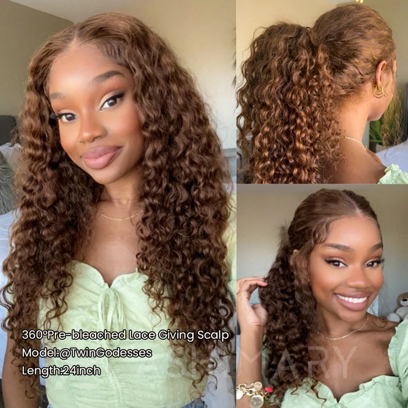 BOGO Invisi Strap Snug Fit 360 SKin Lace Chocolate Brown Water Wave Bleached Knots Glueless Lace Wig