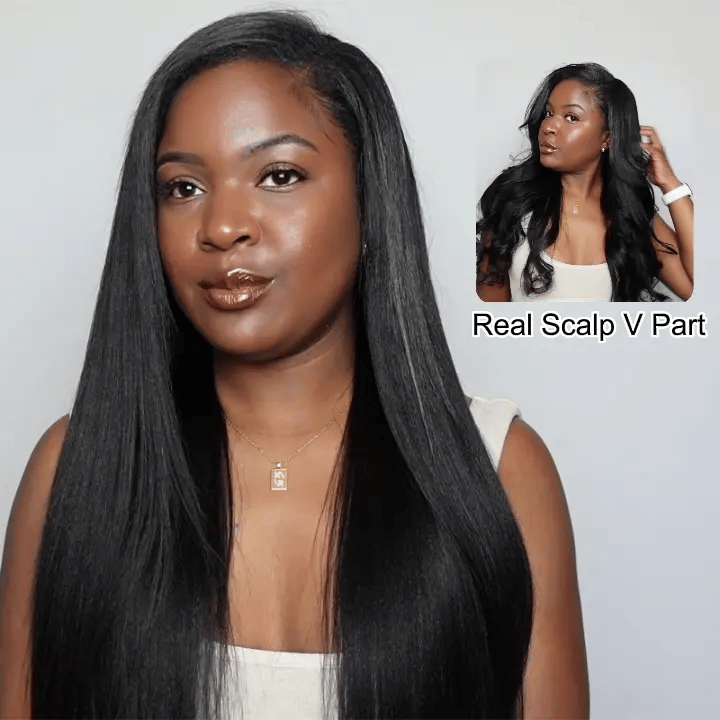 Pull Go Wig | Real Scalp Straight V Part Human Hair Beginner Friendly Thin Part Wig Without Leave Out