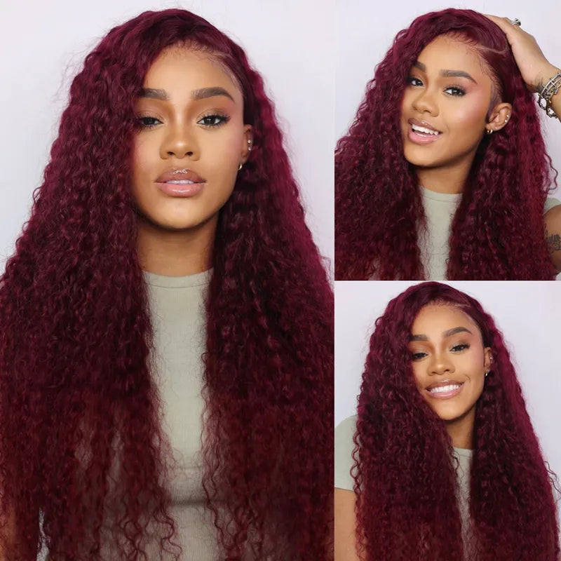 13*4 13*6 Deep Wave 99J Burgundy Curly Wig Frontal Wigs Ashimary Virgin Hair Front Wigs