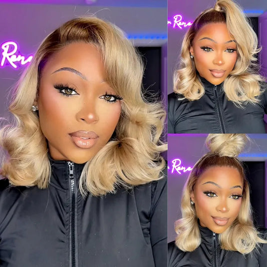 Straight Bob Ash Blonde with Dark Root 13x4 Transparent Lace Frontal Ready to Go Glueless Wig