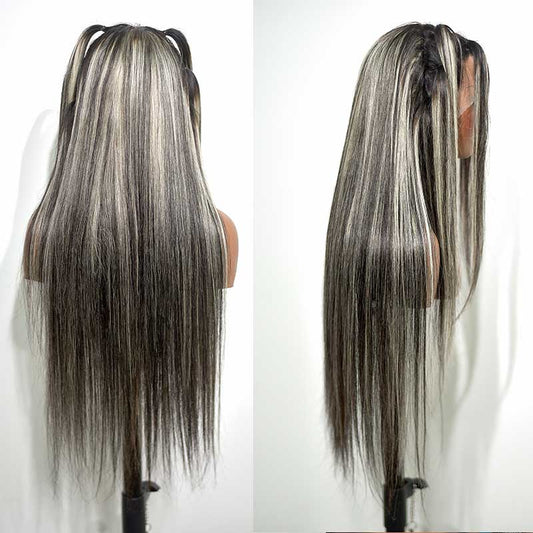 Original Platinum Blonde Highlights Straight Mixed Color Transparent HD Lace Human Hair Wigs