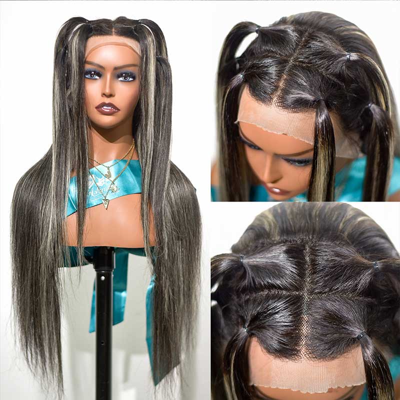 Original Platinum Blonde Highlights Straight Mixed Color Transparent HD Lace Human Hair Wigs