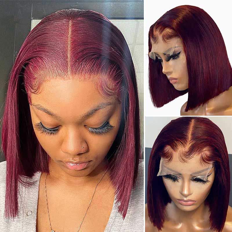 Blunt Cut Bob Burgundy 99J Color Straight Hair Double Drawn Wig High Density