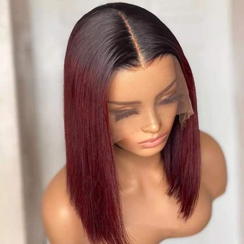 Blunt Cut Bob Burgundy 99J Color Straight Hair Double Drawn Wig High Density