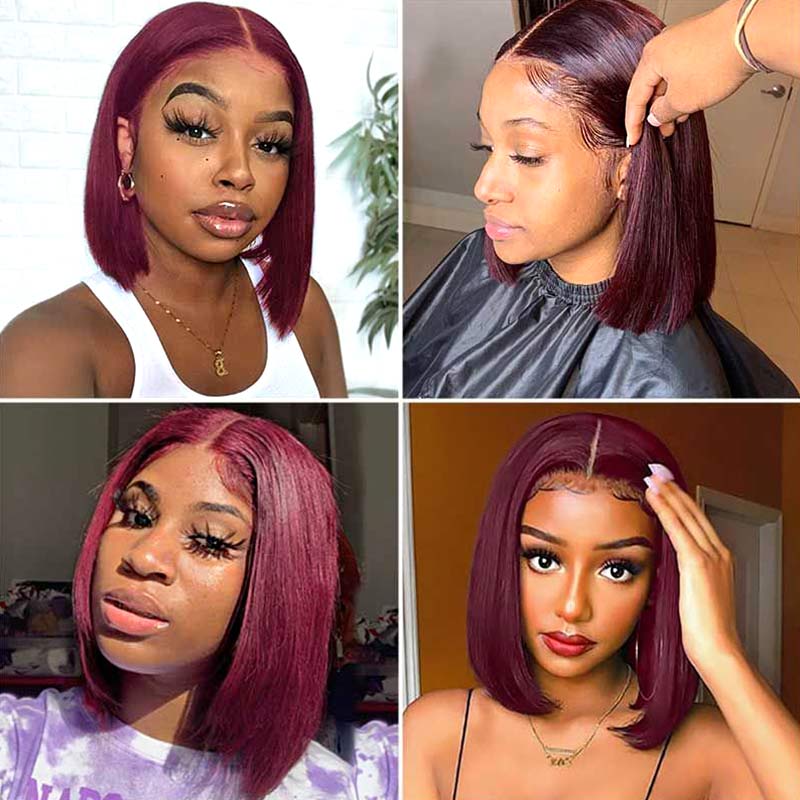 Blunt Cut Bob Burgundy 99J Color Straight Hair Double Drawn Wig High Density