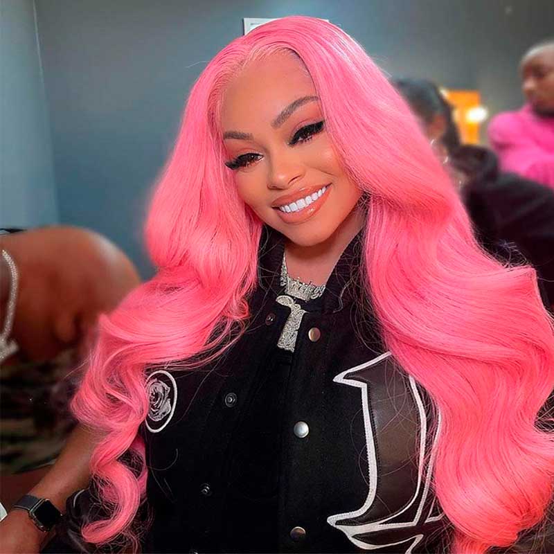 Pink Wig Body Wavy Lace Front Wig Ashimary Human Hair
