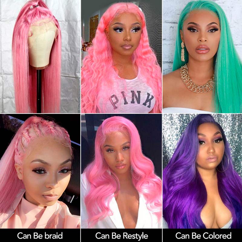 Pink Wig 13*4 Transparent Lace Frontal Wig 5*5 Lace Closure Bone Straight Wig Ashimary Human Hair