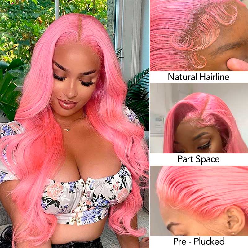 Pink Wig Body Wavy Lace Front Wig Ashimary Human Hair