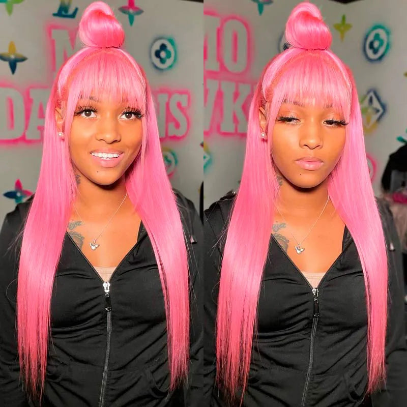 Pink Wig 13*4 Transparent Lace Frontal Wig 5*5 Lace Closure Bone Straight Wig Ashimary Human Hair